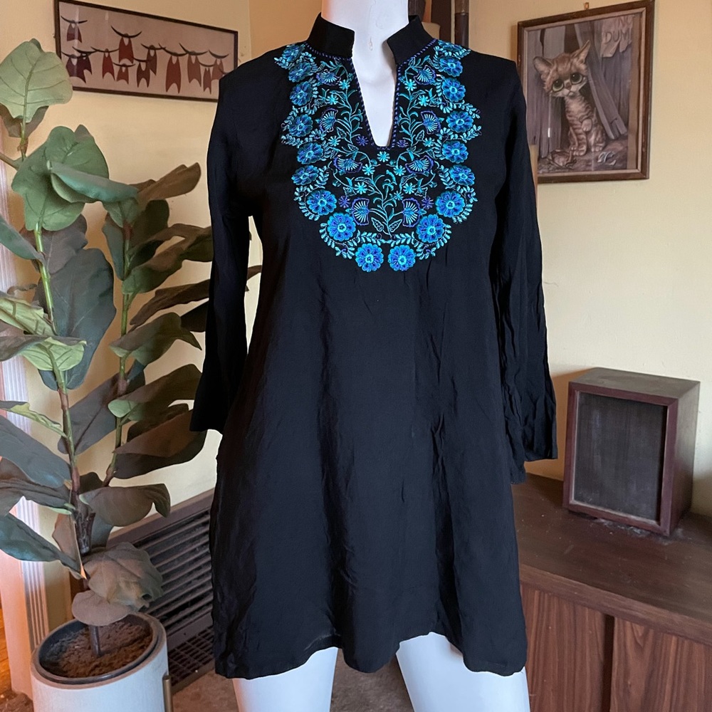 Ladies boho hippie black Blue embroidered flower tunic Nehru dress blouse